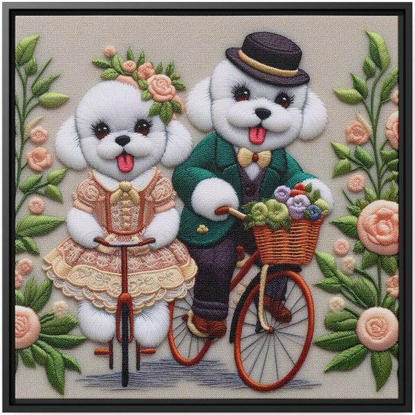 Cute Dog Portrait Wall Art Bichon Frise Canvas Print Painting Artwork Embroidery Decor Gift Victorian Outfits Bicycle Floral Ride Charm