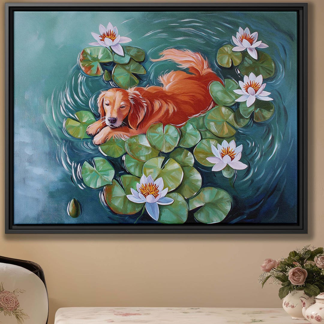 Tranquil Water Lily Golden Retriever Dog Painting | Serene Pond Wall ...