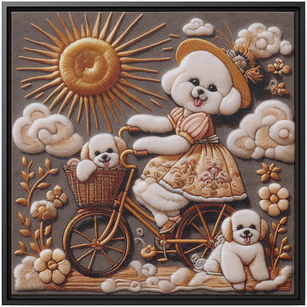 Cute Dog Portrait Wall Art Bichon Frise Canvas Print Puppy Painting Artwork Embroidery Decor Gift Sunny Bicycle Ride Clouds Flowers Joyful