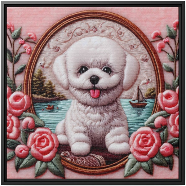 Bichon Frise Wall Art Decor Canvas Print Cute Dog Portrait Puppy Painting Framed Artwork Embroidery Gift Lakeside Flower Pink