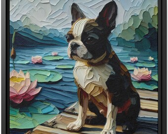 Wall Art Home Decor Canvas Print Oil Painting Cute Dog Portrait Boston Terrier Pier Lotus Tranquil