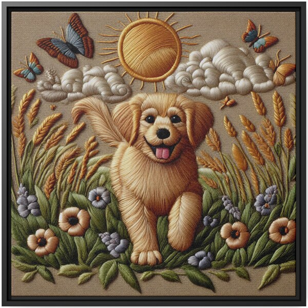 Embroidery Canvas Print Wall Art Golden Retriever Dog Puppy Painting Artwork Vintage Decor Gift Sunny Harvest Fields