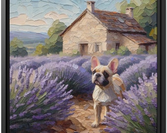 Wall Art Decor Canvas Print Frame Oil Painting Dog Portrait French Bulldog Lavender Field Stone Cottage