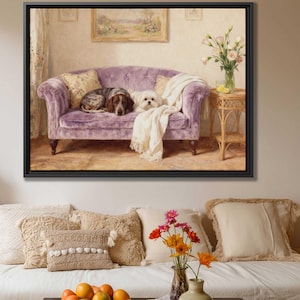 May include: A framed painting depicts two dogs resting on a purple velvet sofa. A white dog and a brown and black dog are nestled together. A white blanket and floral pillows adorn the sofa. A small side table holds flowers and a glass of lemonade.
