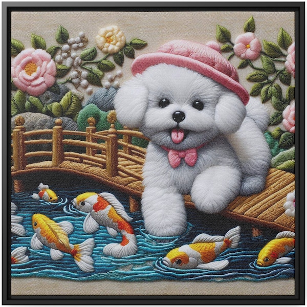 Bichon Frise Wall Art Decor Canvas Print Cute Dog Portrait Puppy Painting Framed Artwork Embroidery Gift Serene Garden Pond Fish