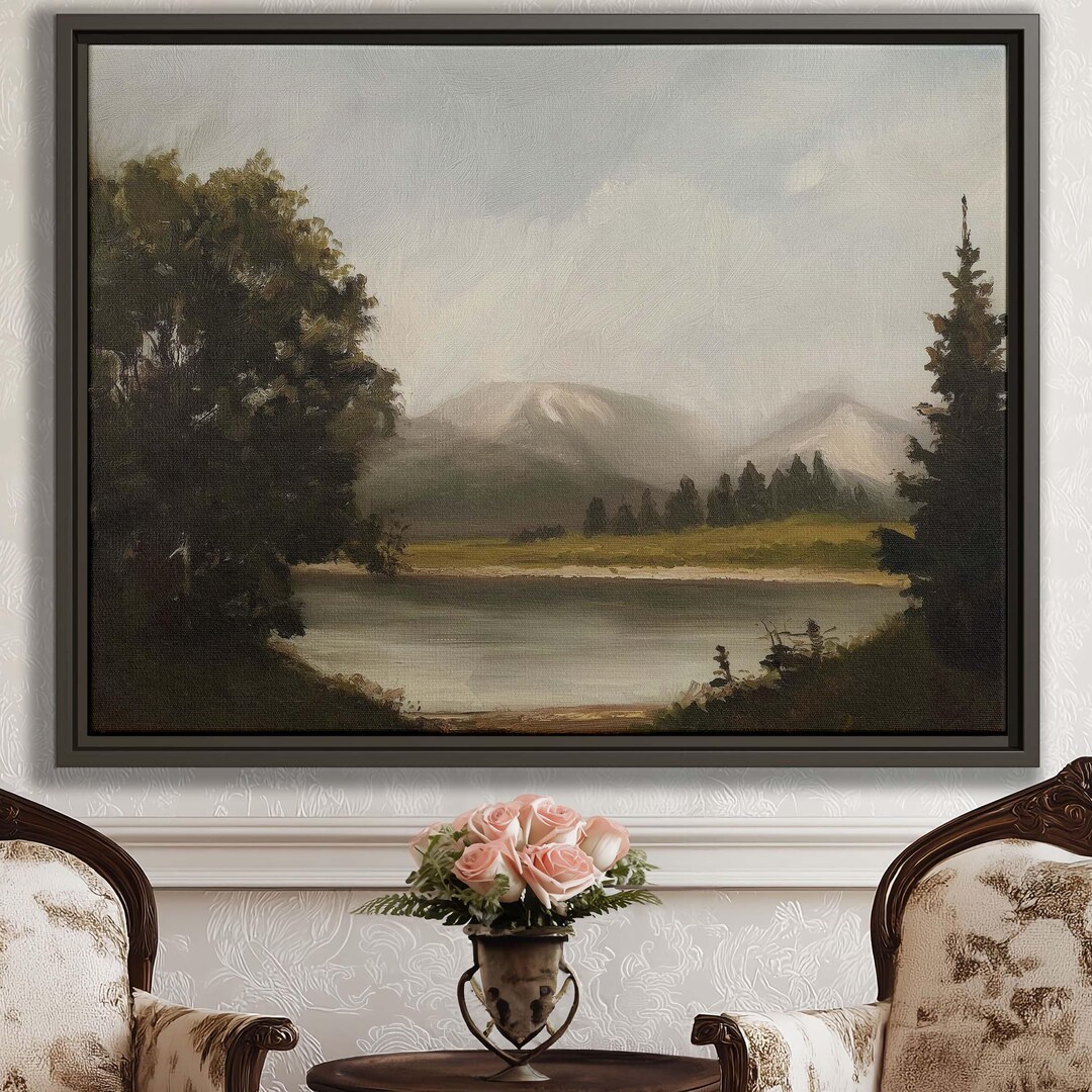 Mountain Lake Wall Art Nature Canvas Print Rustic Decor Landscape Oil ...