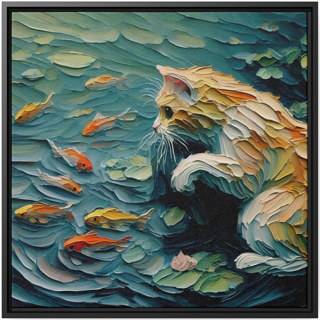Persian Cat Oil Painting Canvas Print Lake Fish Wall Art, Chic Home ...