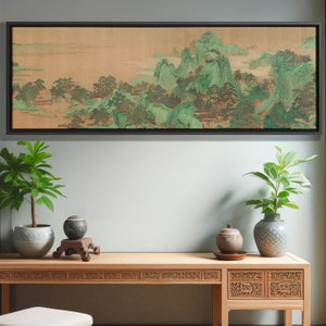 Chinese Long Wall Art Green Mountain Landscape Ink Wash Painting Canvas Art Print Zen Decor Panoramic Ancient Artwork Gift Hills 仇英 中国 山水画