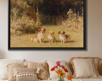 Ölgemälde Blumen Stillleben Hund Chihuahua Leinwand Druck Wand Kunst Dekor gerahmt Haustier Kunstwerk Vintage Hund Wandkunst Glücklicher Hund Kunstwerk