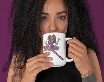 WOC! Coffee mug featuring an original image from the KTF BIPOC Pinup  artwork collection!