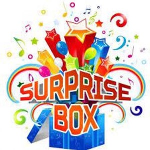 May include: A colorful illustration of a surprise box with confetti, stars, and musical notes. The box is open and has a blue interior. The text "SURPRISE BOX" is in large, orange letters.