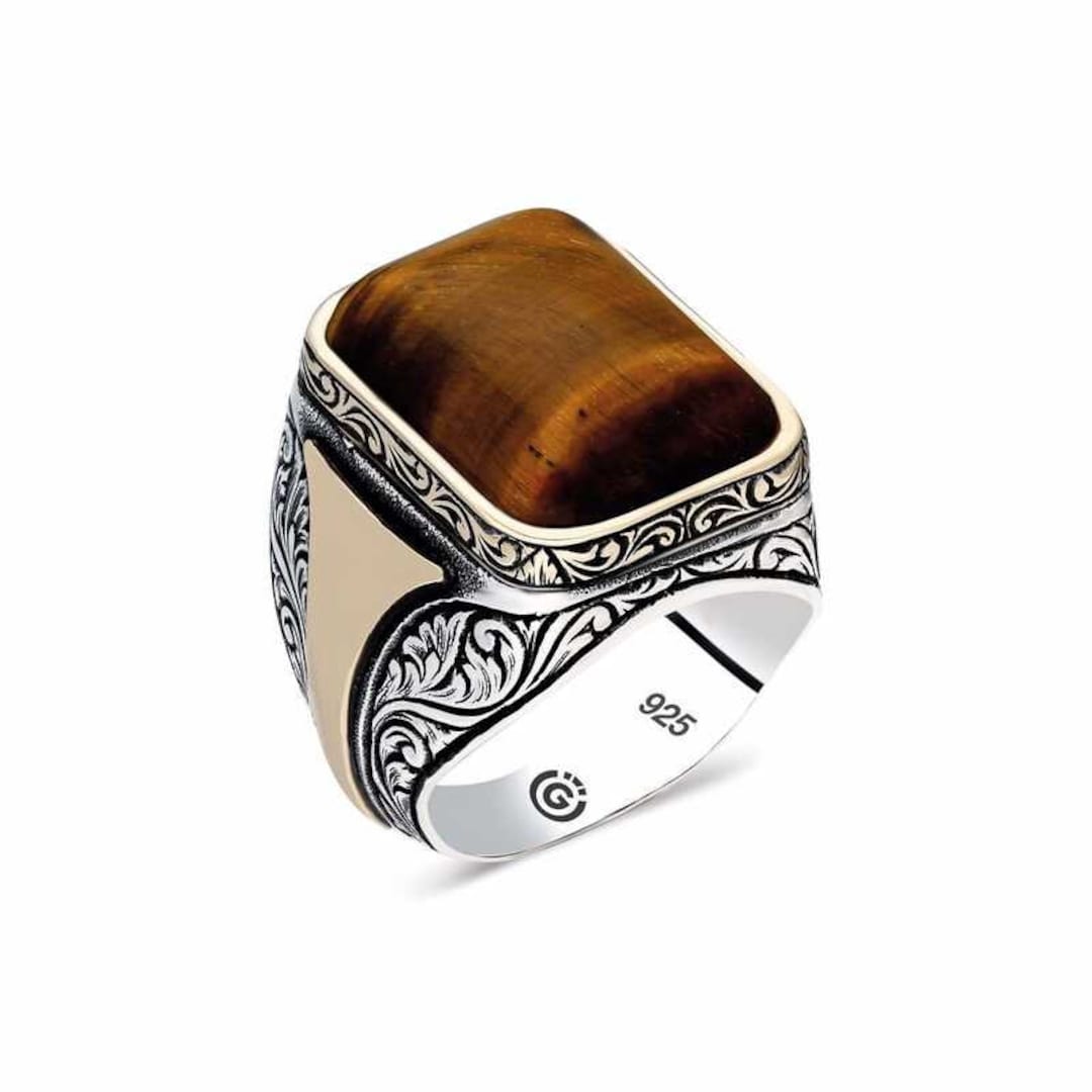 Silver Tiger Eye Stone Men's Ring, Tiger Eye Ring, Engraved Men Ring
