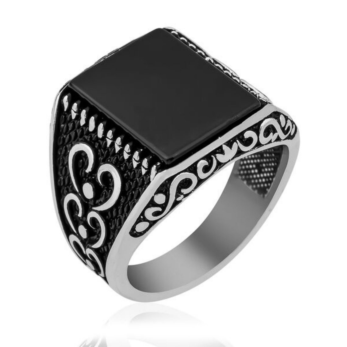 Natural Black Onyx Ring for Men, Onyx Silver Ring Men, Engraved Ring