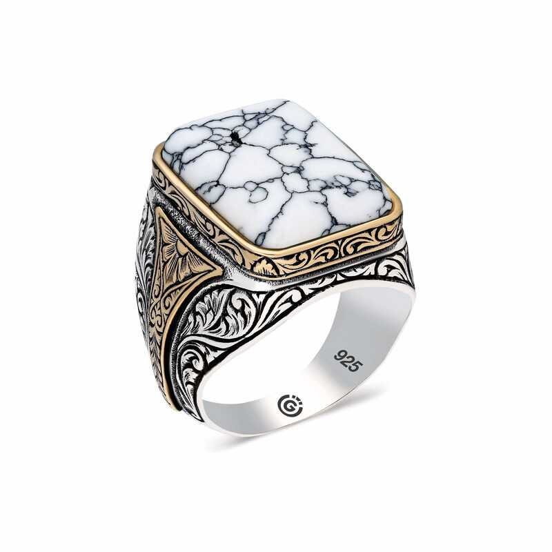 White Howlite Stone Men Ring, Men Handmade Silver Ring, Engraved Ring ...