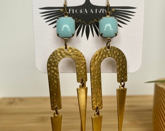 Hammered Gold Tone Brass Dangle Statement Earrings with Vintage Blue Glass Bead & Skinny Gold Tone Brass Triangles