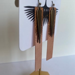Copper Dangle Drop Lightweight Handmade Hammered Rectangle Statement Earrings with Brass Skinny Triangle