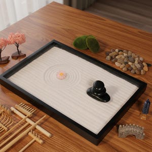 Mini Zen Garden Kit för skrivbord: Japanskt skrivbordsmeditationsset, sand, stenar och krattor bild 10