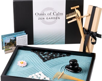 Oasis of Calm Zen Garden Kit: Japanese Desk Decor, 6 Tools, 11x8".