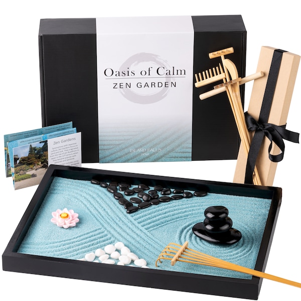 Oasis Of Calm Zen Garden Kit 11x8" Premium Japanese Mini Rock Garden Gift Set. Home Office Desk Zen Sand Garden, 6 Tools, 12 Features.