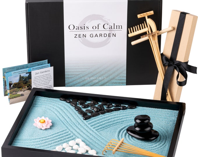 Oasis Of Calm Zen Garden Kit 11x8" Premium Japanese Mini Rock Garden Gift Set. Home Office Desk Zen Sand Garden, 6 Tools, 12 Features.