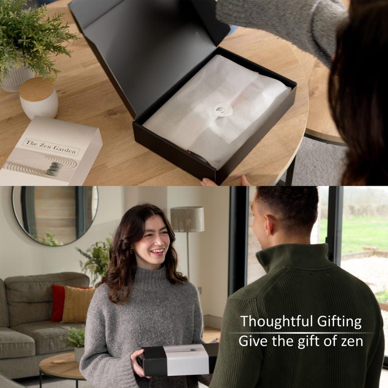 May include: A black rectangular gift box with a white lid, containing white tissue paper. The box is held by a person, and the text "Thoughtful Gifting Give the gift of zen" is visible on the lower portion of the image.
