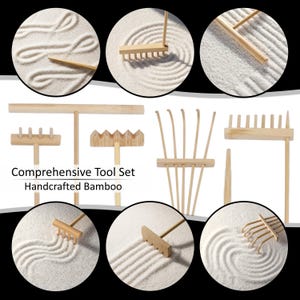 May include: A set of light-colored bamboo tools for sand gardens, including various rakes and a leveling bar. The image displays the tools in use, creating patterns in white sand, with the text Comprehensive Tool Set Handcrafted Bamboo.