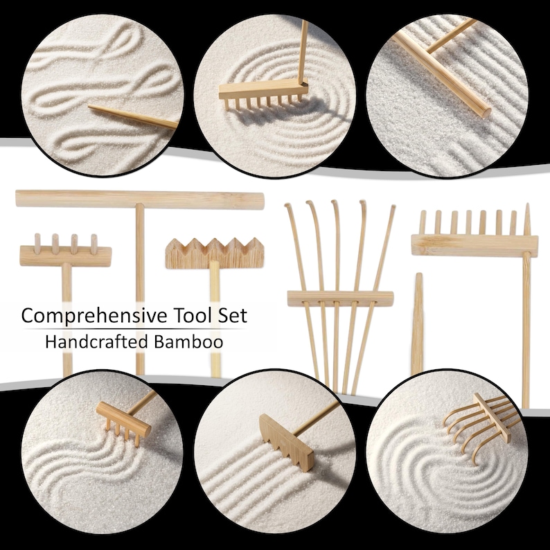 May include: A set of light-colored bamboo tools for sand gardens, including various rakes and a leveling bar. The image displays the tools in use, creating patterns in white sand, with the text Comprehensive Tool Set Handcrafted Bamboo.
