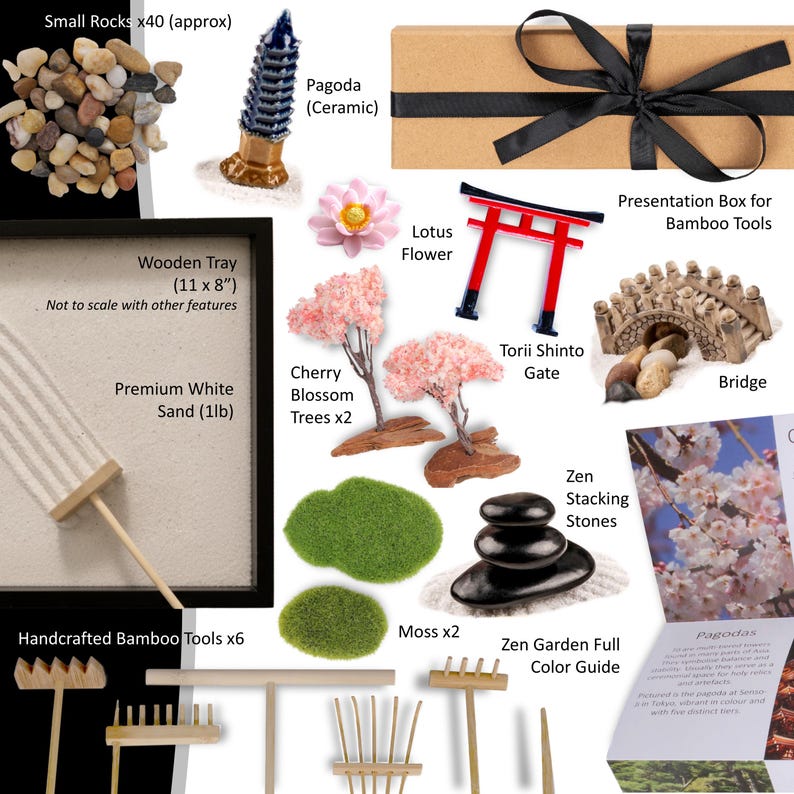 Mini Zen Garden Kit för skrivbord: Japanskt skrivbordsmeditationsset, sand, stenar och krattor bild 2