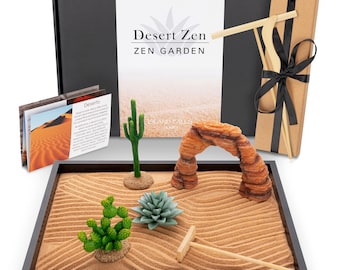 Desert Zen Garden Kit: Cactus & Succulent Decor, Brown Sand, Rakes (11x8in Tray).