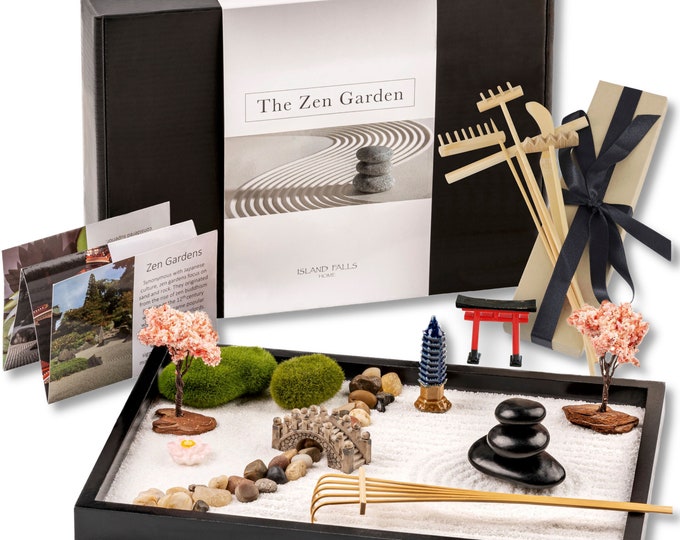 Zen Garden Kit 11x8" Beautiful Premium Japanese Mini Rock Garden Gift Set. Home Office Desk Accessory Zen Sand Garden, 6 Tools, 12 Features.