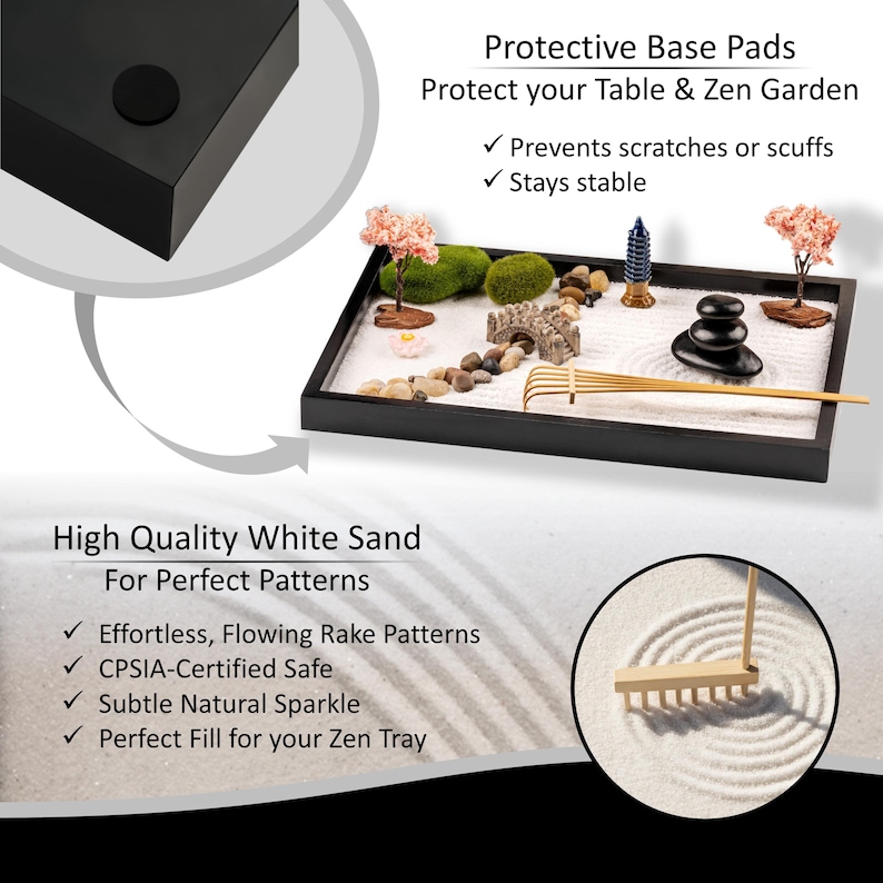 May include: A rectangular black tray containing white sand, a wooden rake, two miniature cherry blossom trees, green moss, a stone bridge, a small pagoda, and stacked black stones. Text includes Protective Base Pads and High Quality White Sand.
