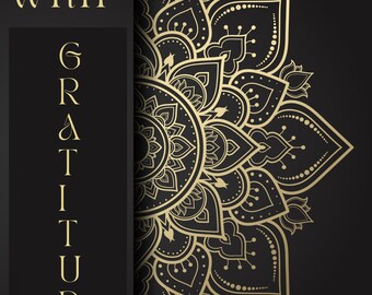 Può includere: Una copertina di diario nera con testo dorato che recita "Begin with GRATITUDE". Un disegno mandala dorato è sul lato destro. Il nome dell'autore, Bethann Nicosia, è in basso.