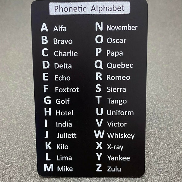 Alphabet phonétique/code morse. Impression professionnelle sur carte en PVC (taille d'une carte de crédit)