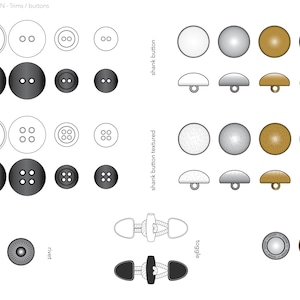May include: A diagram illustrating various types of buttons for clothing. The buttons are depicted in a range of sizes and colours, including black, white, gold, and silver. The diagram features flat buttons with two and four holes, shank buttons, and shank buttons with a textured surface. The diagram also includes a toggle button and a jeans button.