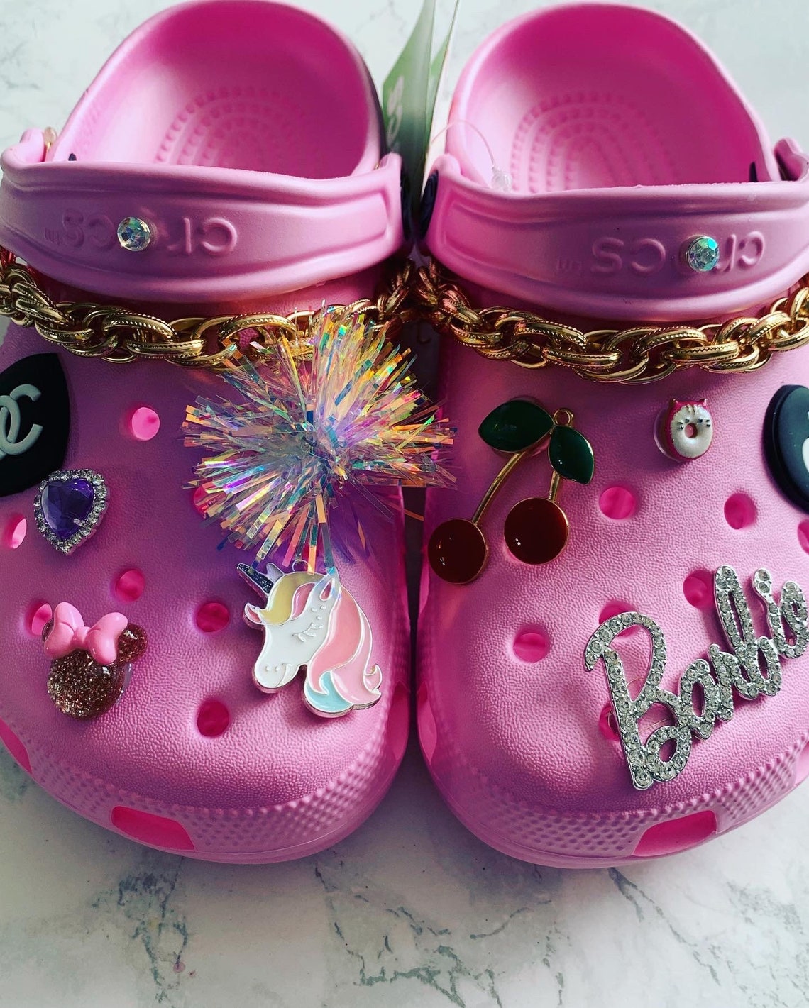 Girls pink unicorn barbie customised crocs junior Sz 2 with | Etsy