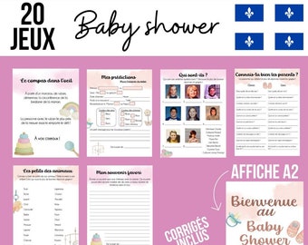 May include: A set of printable baby shower games in French. The games include "Le compas dans l'oeil", "Mes prédictions", "Qui sont-ils?", "Connais-tu bien les parents?", and "Les petits des animaux". The games are designed with a pink and blue color scheme and feature illustrations of a baby mobile, a stack of rings, and a rainbow.