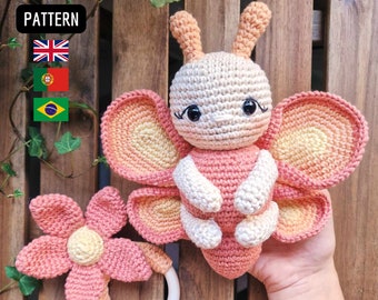 PATTERN Amigurumi Butterfly and Flower rattle Crochet, PDF with images (English and Portuguese)