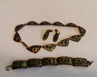 Ensemble de bijoux vintage en cuivre émaillé, collier, bracelet, boucles d'oreilles des années 1950