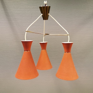 Hanging lamp with three shades/light sources, probably designed by Bent Karlby in the late 1950s - early 1960s.