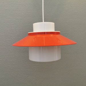 Danish modernist &quot;Dinette&quot; ceiling lamp in white and red plastic - design by Bent Karlby for Lyfa