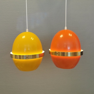 EXTREMELY rare LYFA Space Age lamps in thin lacquered metal with brass colored &quot;ring&quot; around. Danish design from the 70-80s.