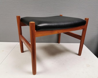 Danish Teak Footstool, Black Skai Leather, 1960s Spøttrup Design