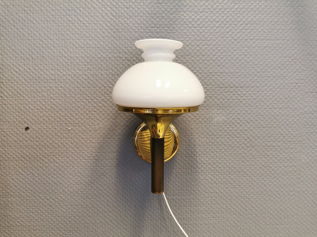 Vintage Brass Wall Lamp With Milky White Glass Shade, 1960s Design - Etsy