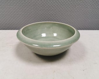 Danish Mid-Century Studio Porcelain Bowl: Celadon Green Craquelé Glaze, Signed PE Tranekær