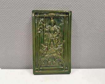 Antique Green Faience Stove Plate, Saint George and the Dragon Relief