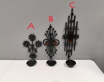 Three very beautiful and large vintage wall candle holders in wrought iron and hard pressed orange/amber colored glass.