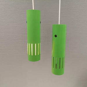 Trombone hanging lamps, refurbished and repainted in beautiful green colours. Originally produced by Lyskaer lighting, 1980s Denmark