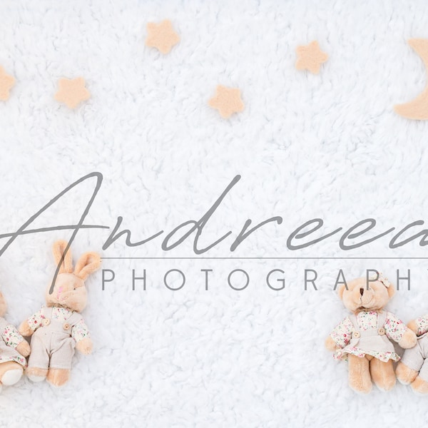 2 photos bundle, Newborn digital Backdrop, newborn digital background, white fur with bunnies and bears toys,  for girls or boys