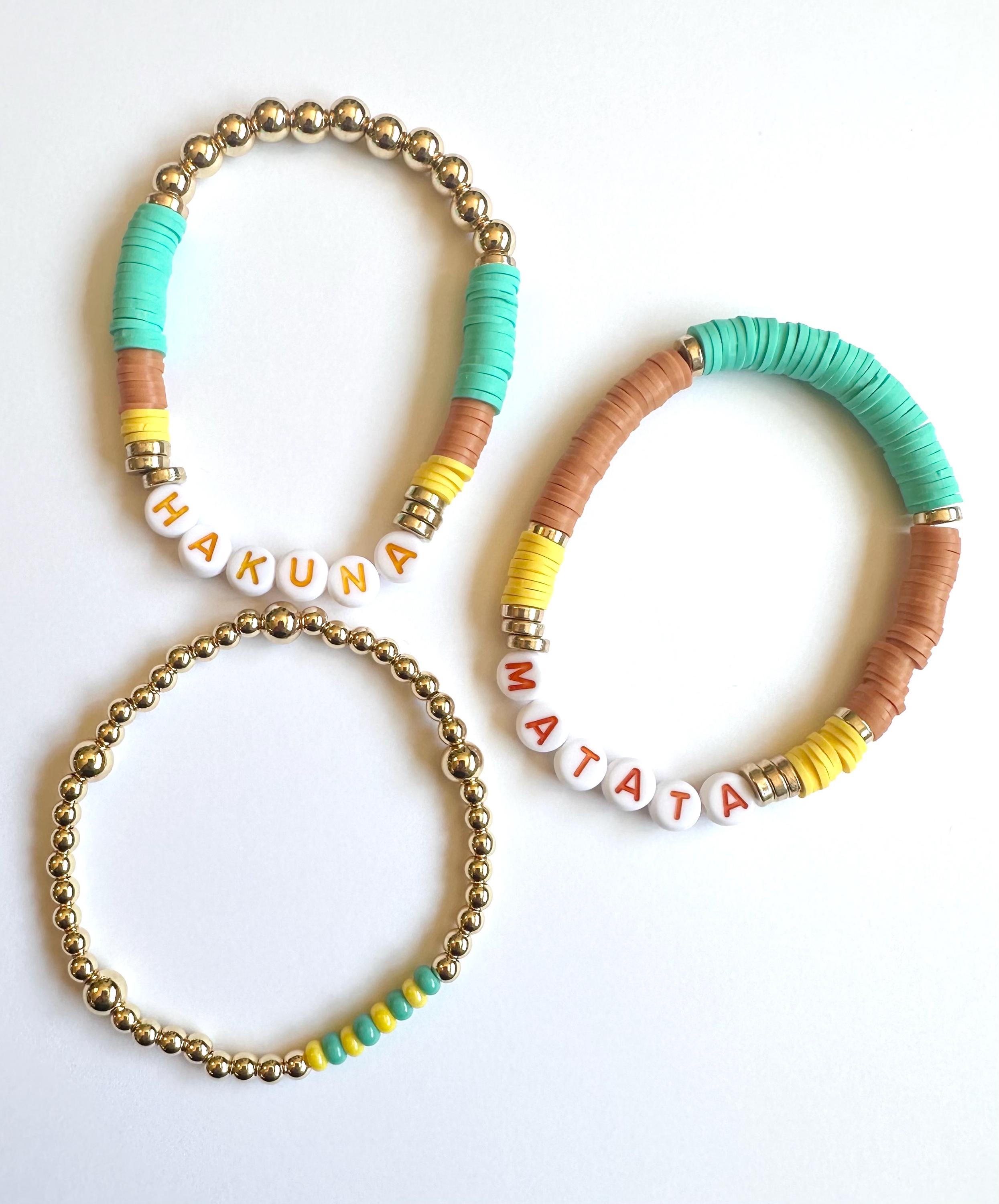 Hakuna Matata Bracelet Stack Heishi Clay Beaded Gold Colored 