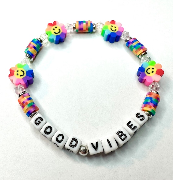 Good Vibes Bracelet Tiny Word Phrase Quote Jewelry Clay Heishi